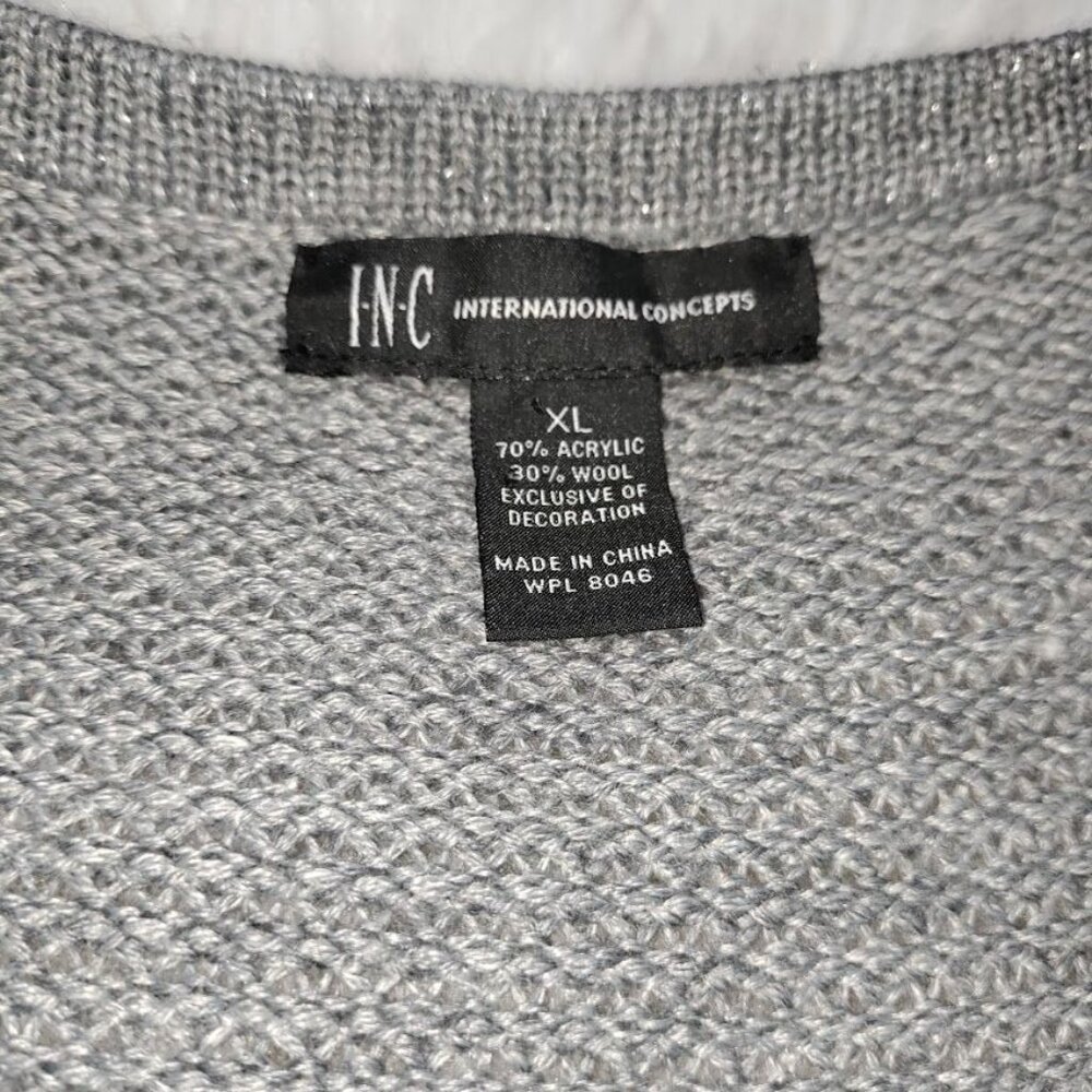 INC International Concepts Gray Silver Speckles Fringe Trim Knit Cardigan XL - Picture 3 of 12